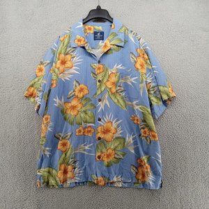 Caribbean Joe Shirt Mens XXL Blue‎ Yellow Hibiscus Flowers Hawaiian 100% Silk